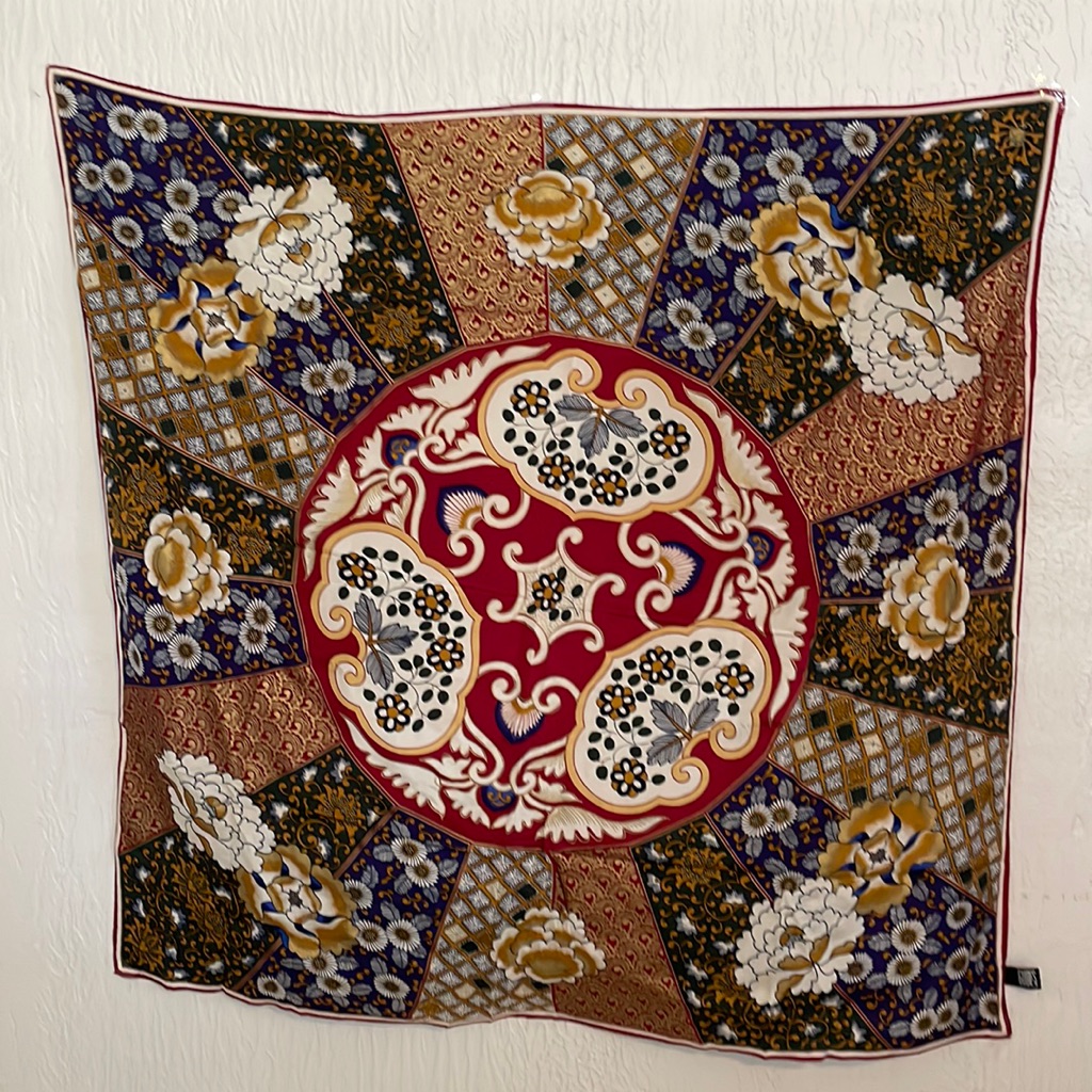 Gumps Of San Francisco Vintage Silk Scarf Flowers And Geometrics Hand Painted